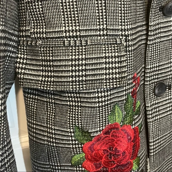INC Glen Plaid Pea Coat Black White Embellished Small Rose Embroidery - Picture 9 of 12